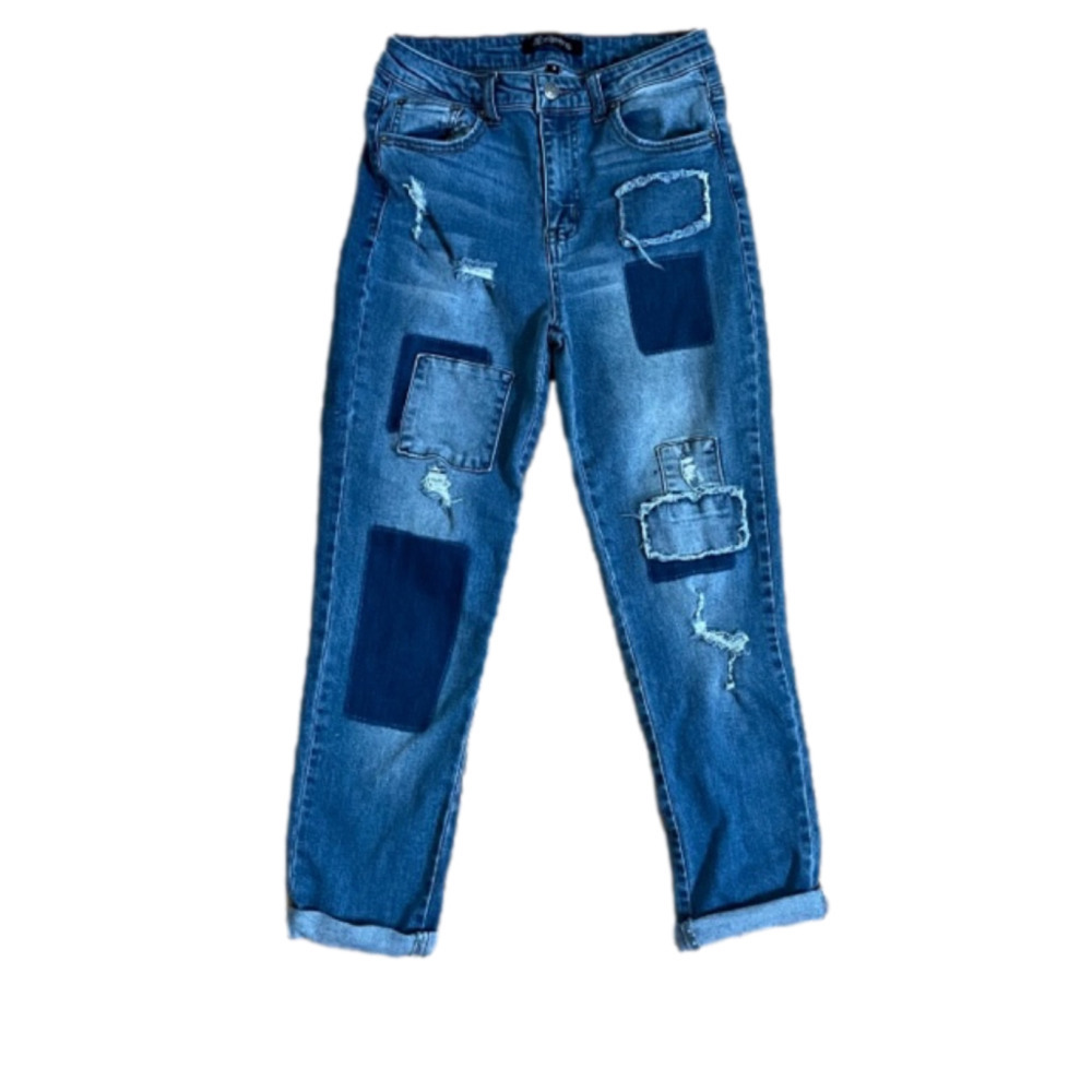 April Jeans Midrise Patchwork Cuffed Boyfriend Jeans Size 9